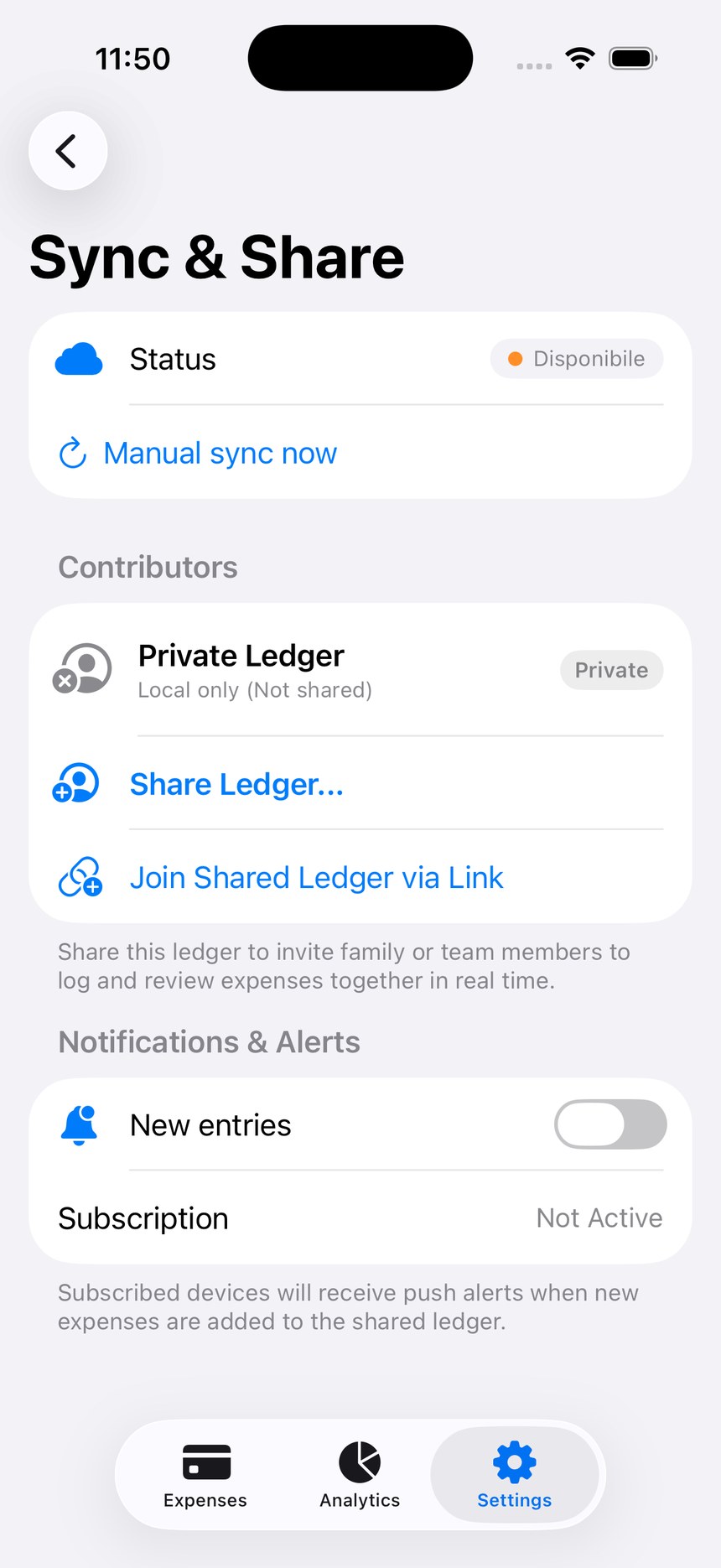 Expenser iCloud sync and share screen