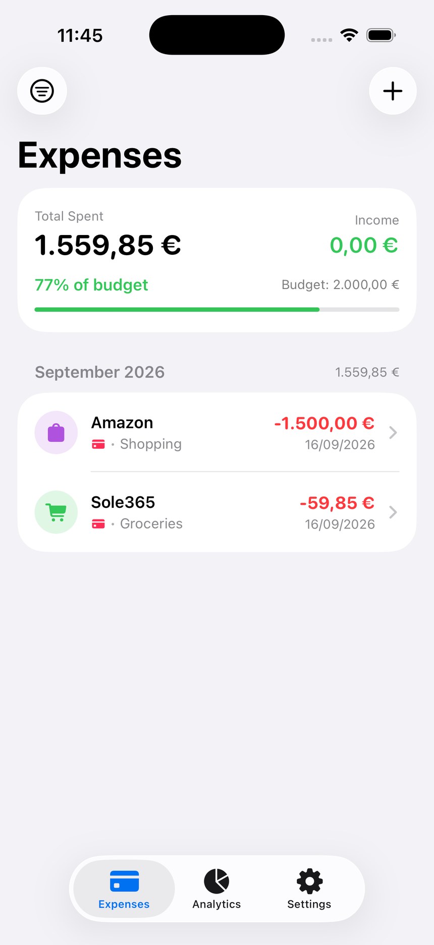 Expenser track expenses screen on iPhone